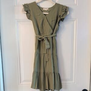 Girls XL Olive Green Wrap Style Dress Ruffle Sleeve Tiered Casual Boho Youth